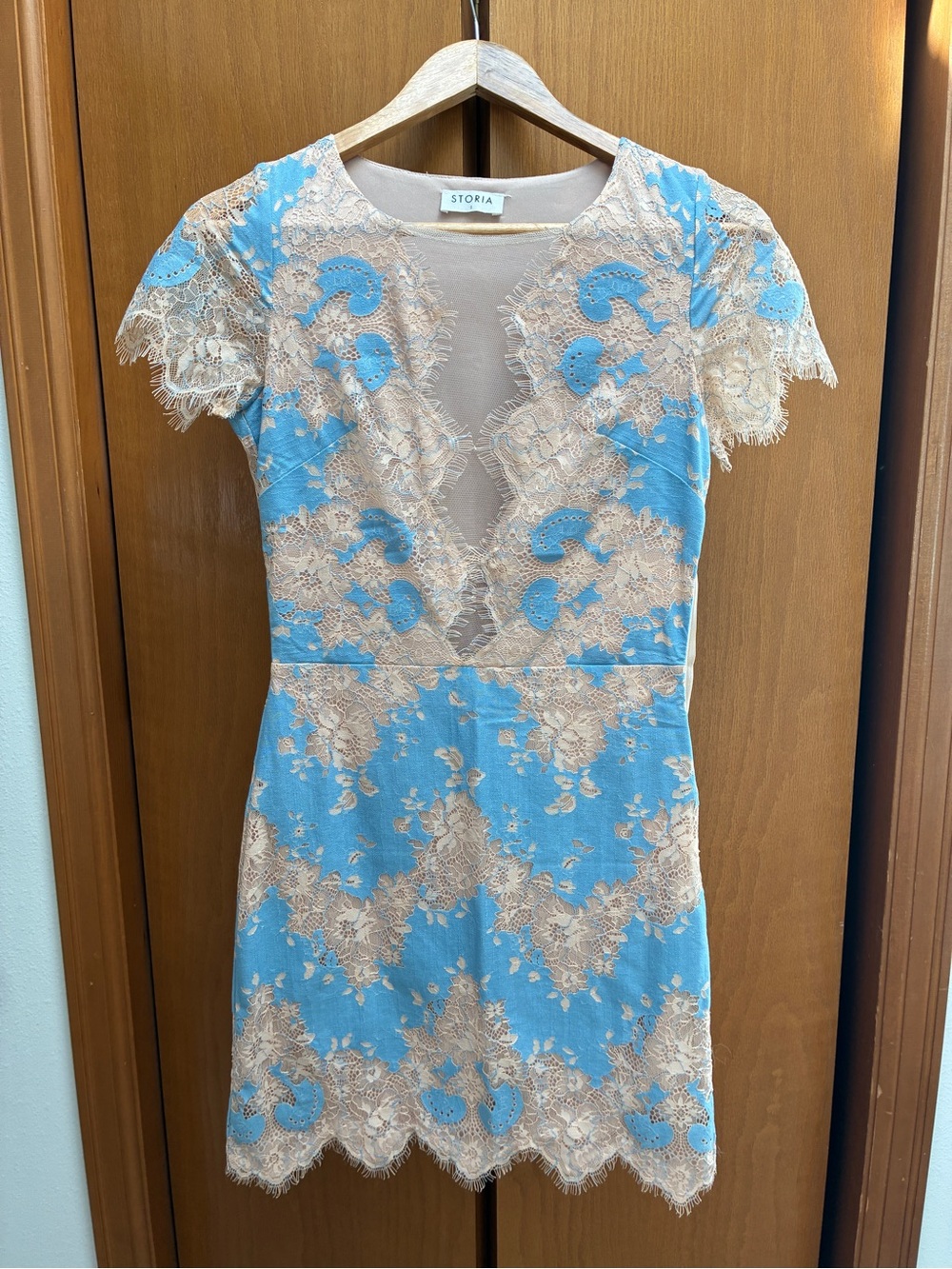 Storia Blue and Cream Lace Overlay Mini Dress